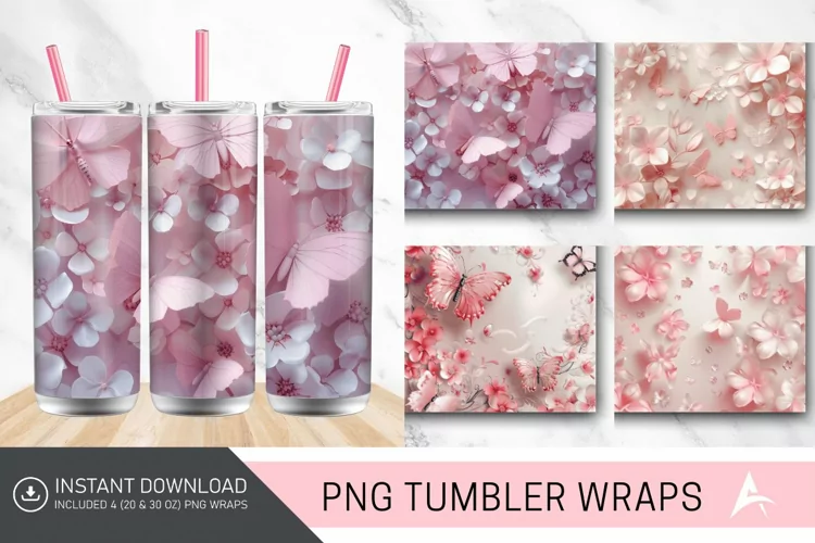3D Floral Pink Butterflies Tumbler Wrap
