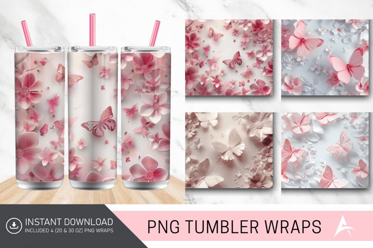 3D Floral Pink Butterflies Tumbler Wrap example image 1