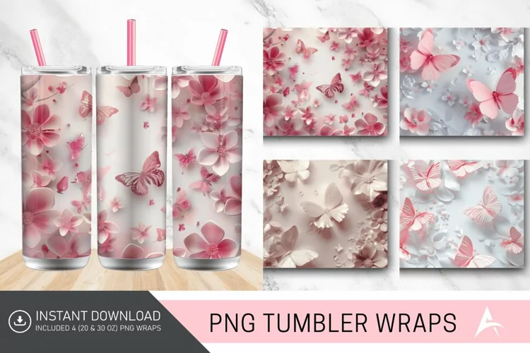3D Floral Pink Butterflies Tumbler Wrap