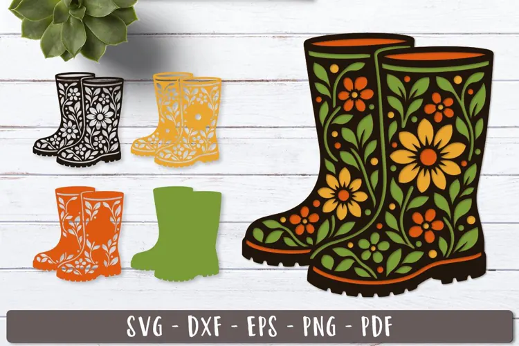3d Floral Rain Boots Flowers Layered SVG design