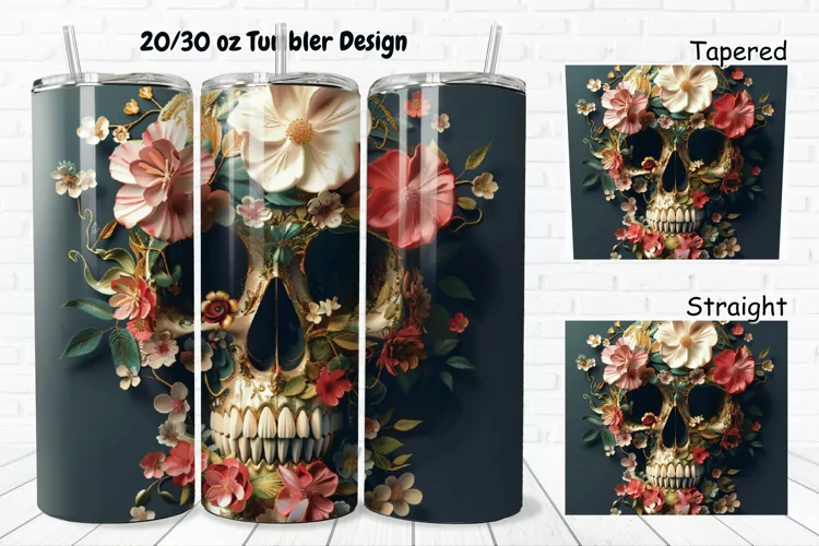 3D Floral Skull 20/30oz Skinny Tumbler