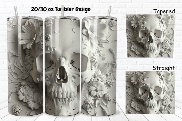 3D Floral Skull 20/30oz Skinny Tumbler example image 1