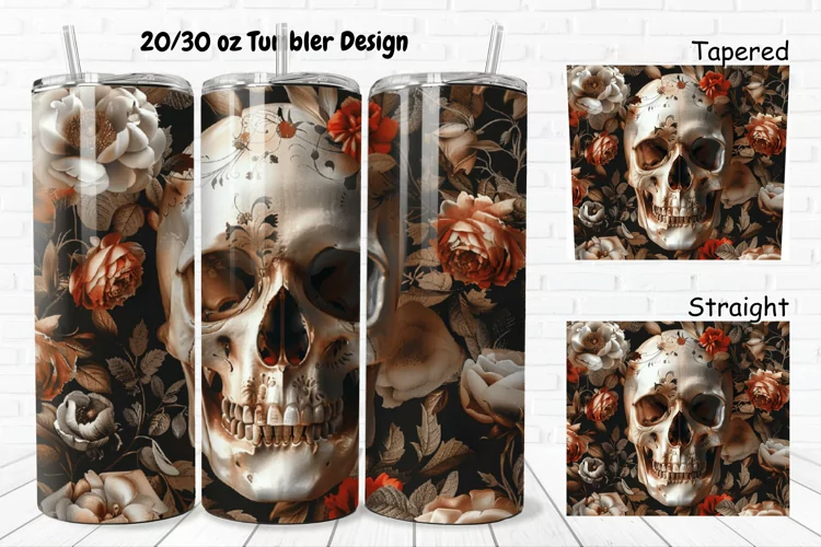 3D Floral Skull 20/30oz Skinny Tumbler