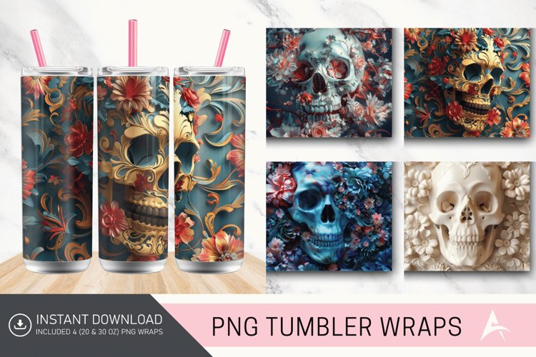 3D Floral Skull Tumbler Wrap