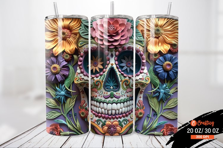 3D Florals Sugar Skull Tumbler wrap