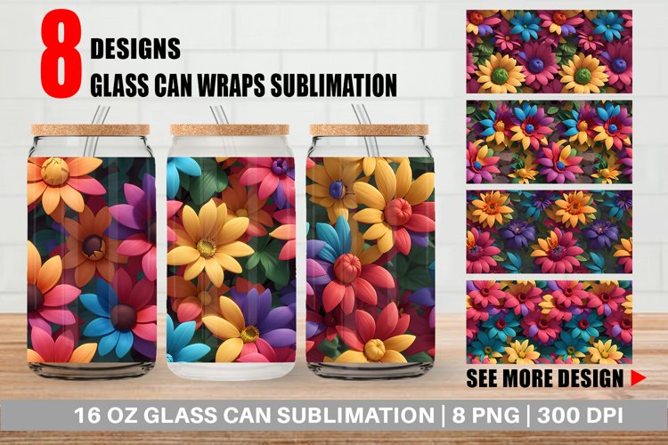 Glass Can Wraps 3D Flower Colorful