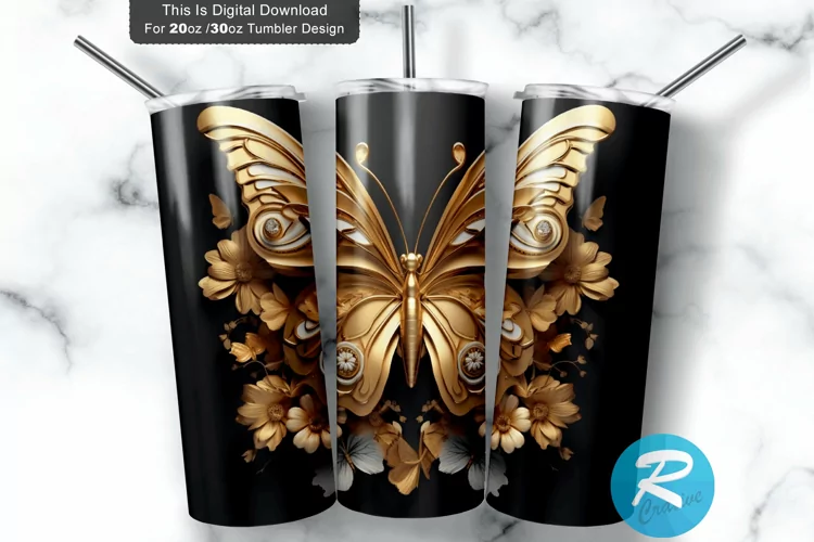 3D Flower Gold Butterfly 20oz/30oz Skinny Tumbler