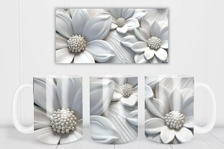 3d white flower mug wrap | 3d flower mug sublimation