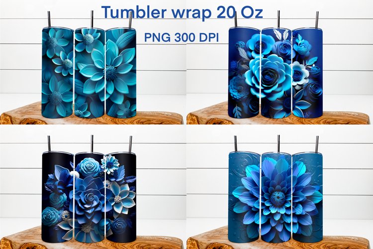 3d blue flower sublimation tumbler wrap 20 Oz, 3d flower tumbler design, 3d flower illustration PNG, 3d flower sublimation PNG.