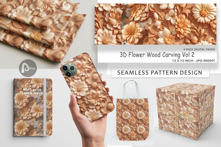 Digital Paper 3D Flower Wood Carving