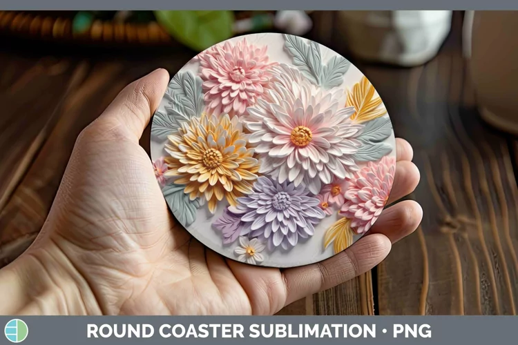 3D Flowers Aster Round Coaster Sublimation Coaster Designs