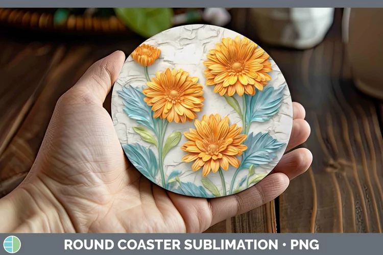 3D Flowers Calendula Round Coaster Sublimation Coaster Desig