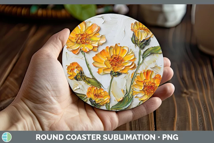 3D Flowers Calendula Round Coaster Sublimation Coaster Desig