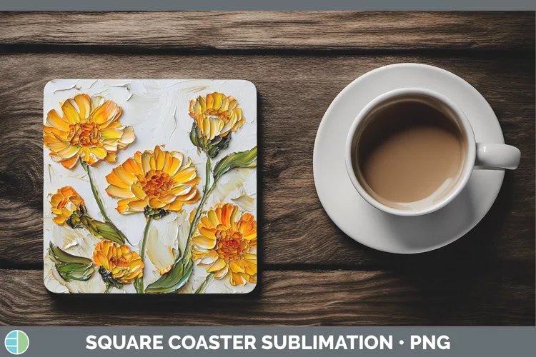 3D Flowers Calendula Square Coaster Sublimation Coaster Desi