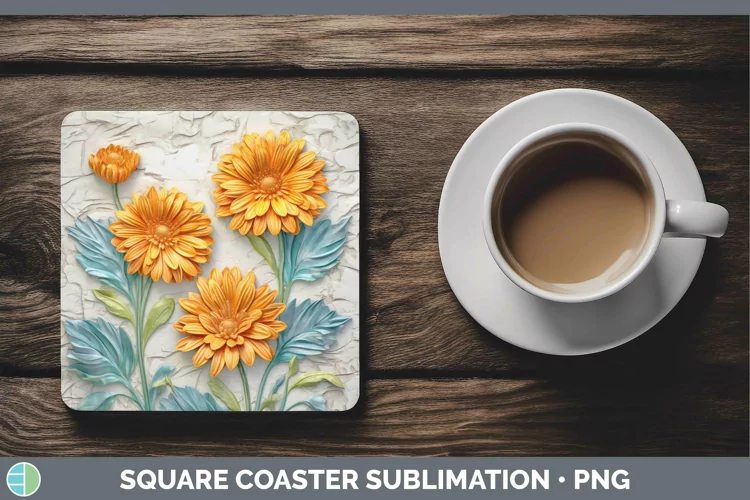 3D Flowers Calendula Square Coaster Sublimation Coaster Desi
