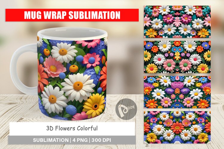 Mug sublimation design 3D Flowers Colorful