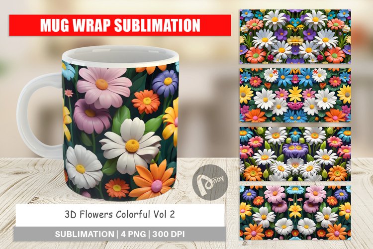 Mug sublimation design 3D Flowers Colorful example image 1