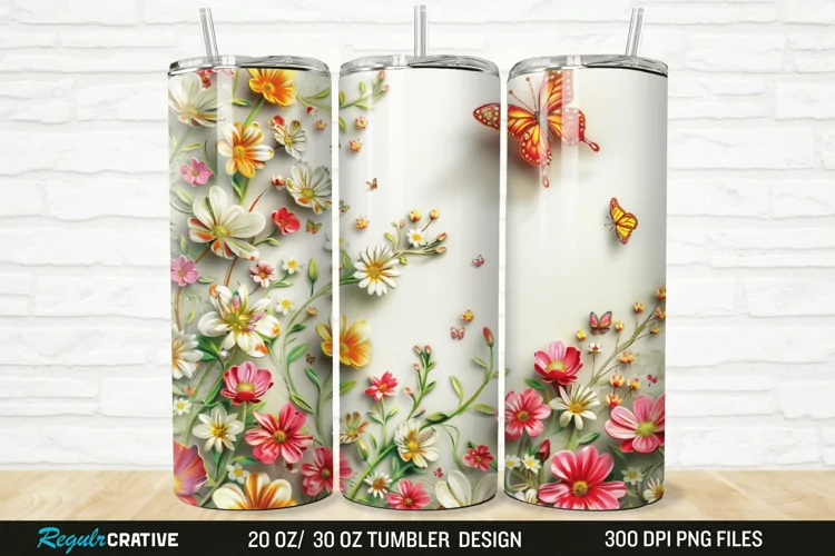 3D Flowers Garden And Butterfly 20/30oz Skinny Tumbler