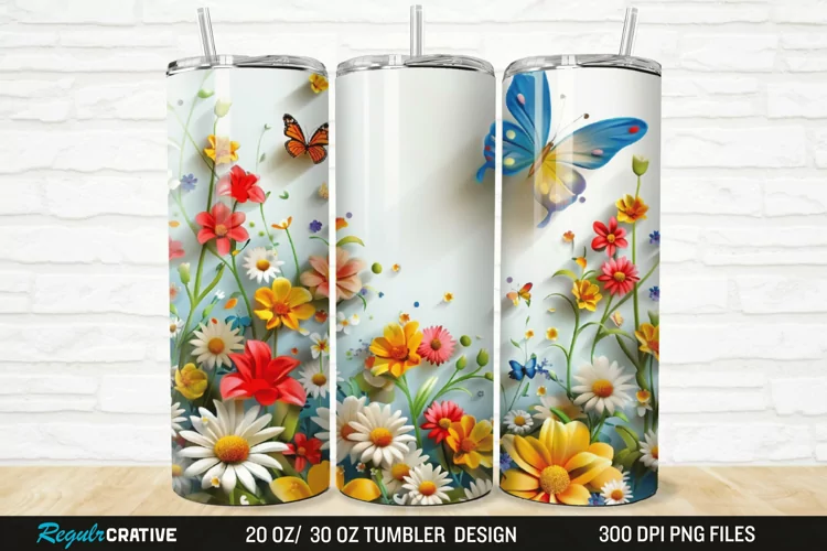 3D Flowers Garden And Butterfly 20/30oz Skinny Tumbler