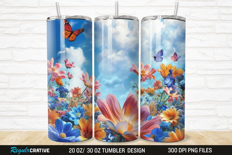 3D Flowers Garden And Butterfly 20/30oz Skinny Tumbler example image 1