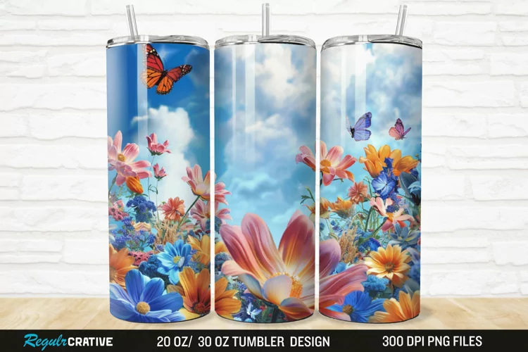 3D Flowers Garden And Butterfly 20/30oz Skinny Tumbler