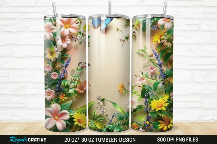 3D Flowers Garden And Butterfly 20/30oz Skinny Tumbler