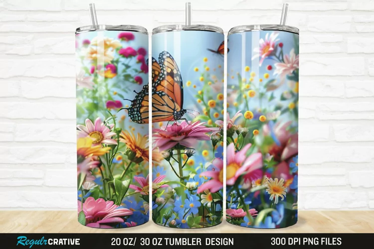 3D Flowers Garden And Butterfly 20/30oz Skinny Tumbler