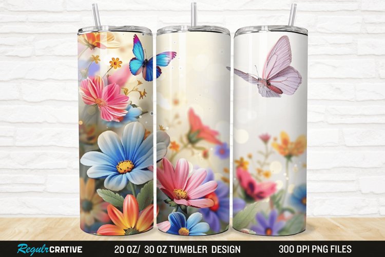 3D Flowers Garden And Butterfly 20/30oz Skinny Tumbler