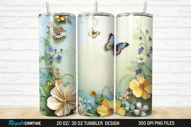3D Flowers Garden And Butterfly 20/30oz Skinny Tumbler example image 1