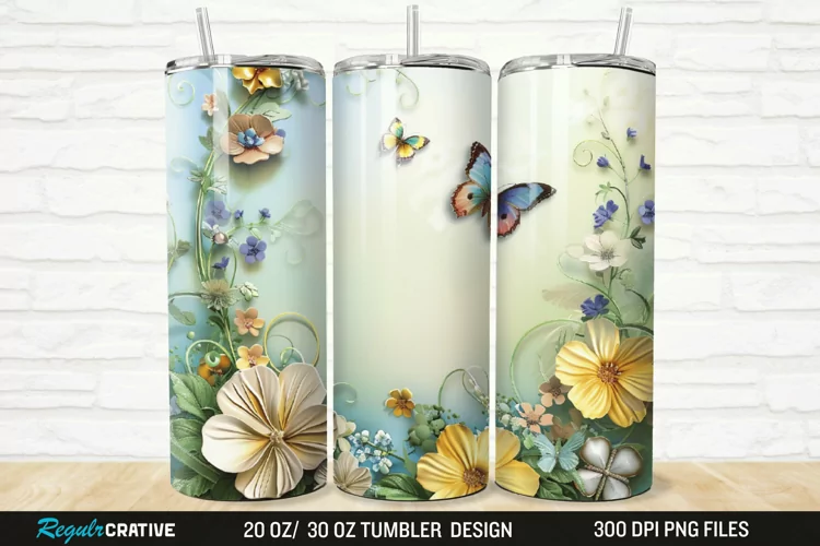 3D Flowers Garden And Butterfly 20/30oz Skinny Tumbler
