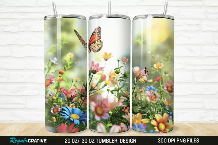 3D Flowers Garden And Butterfly 20/30oz Skinny Tumbler