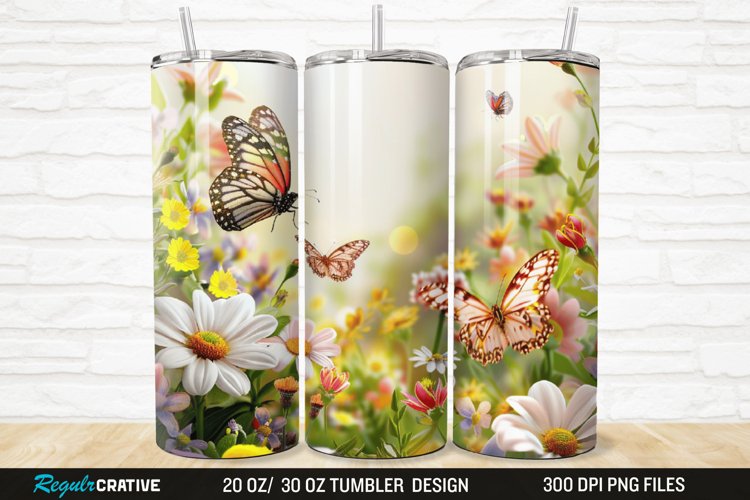 3D Flowers Garden And Butterfly 20/30oz Skinny Tumbler example image 1