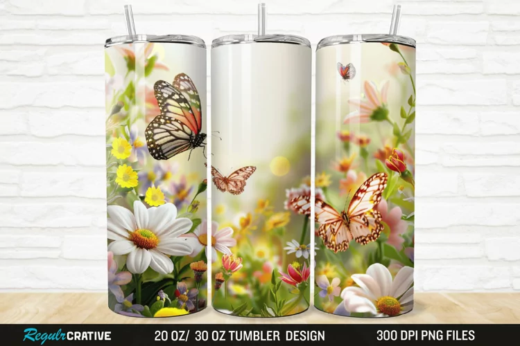 3D Flowers Garden And Butterfly 20/30oz Skinny Tumbler