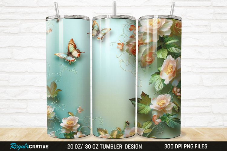 3D Flowers Garden And Butterfly 20/30oz Skinny Tumbler example image 1