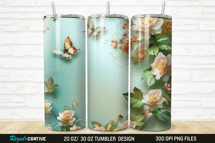 3D Flowers Garden And Butterfly 20/30oz Skinny Tumbler
