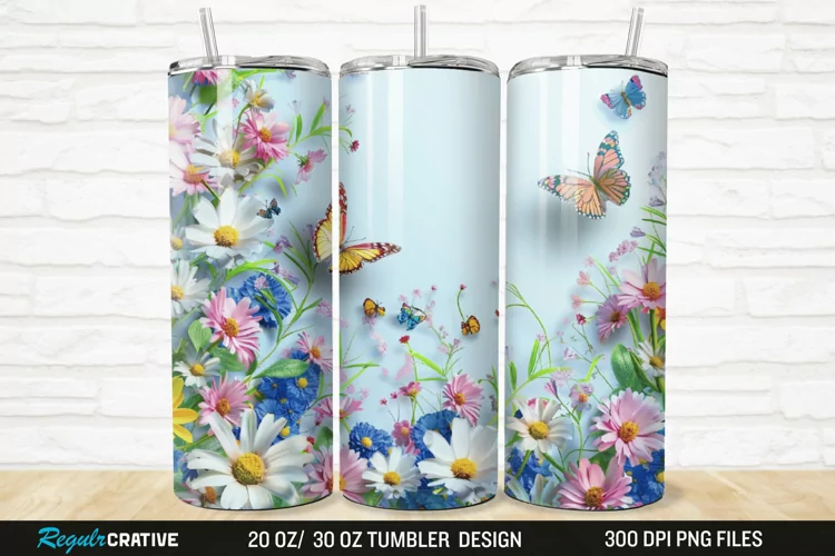 3D Flowers Garden And Butterfly 20/30oz Skinny Tumbler