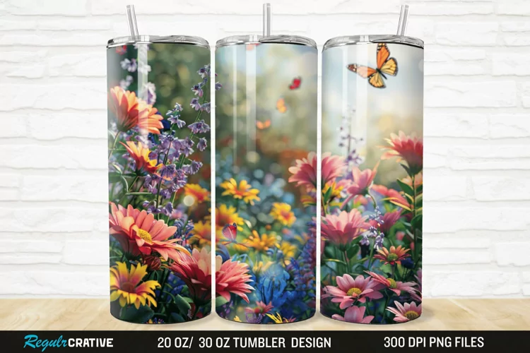 3D Flowers Garden And Butterfly 20/30oz Skinny Tumbler