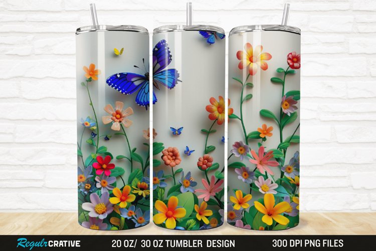 3D Flowers Garden And Butterfly 20/30oz Skinny Tumbler example image 1