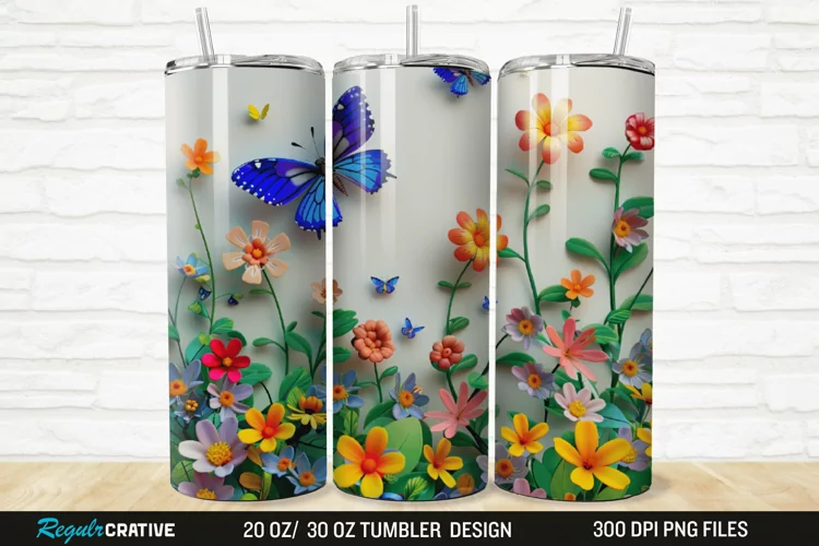 3D Flowers Garden And Butterfly 20/30oz Skinny Tumbler