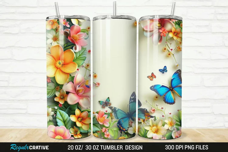 3D Flowers Garden And Butterfly 20/30oz Skinny Tumbler
