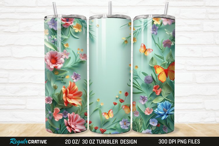 3D Flowers Garden And Butterfly 20/30oz Skinny Tumbler example image 1