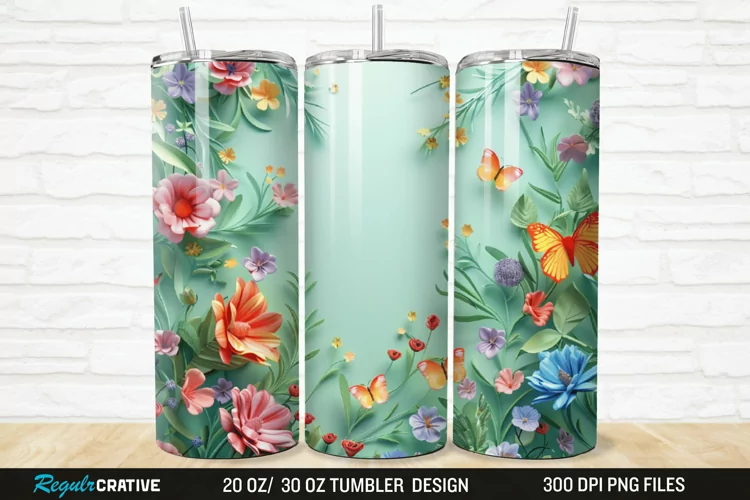 3D Flowers Garden And Butterfly 20/30oz Skinny Tumbler