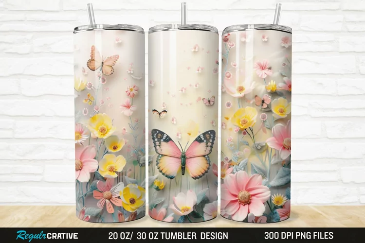 3D Flowers Garden And Butterfly 20/30oz Skinny Tumbler