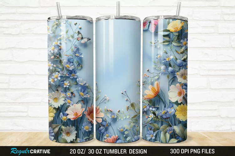 3D Flowers Garden And Butterfly 20/30oz Skinny Tumbler