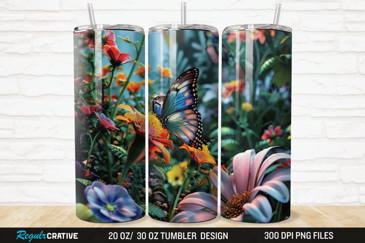 3D Flowers Garden And Butterfly 20/30oz Skinny Tumbler example image 1