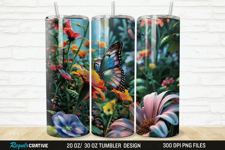 3D Flowers Garden And Butterfly 20/30oz Skinny Tumbler