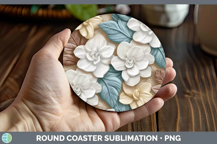 3D Flowers Gardenia Round Coaster Sublimation Coaster Design