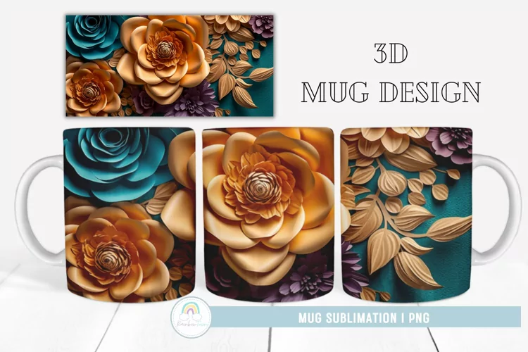 3D Flowers Mug Wrap Sublimation Design