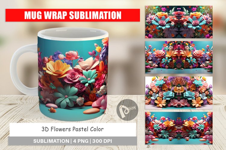 Mug sublimation design 3D Flowers Pastel Color