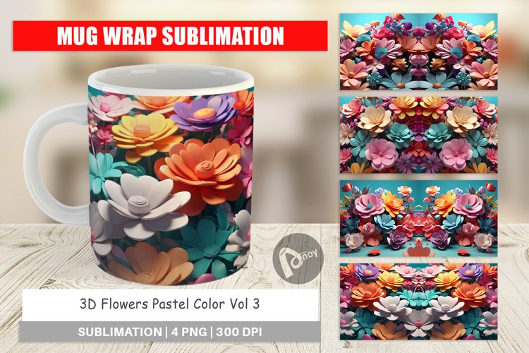 Mug sublimation design 3D Flowers Pastel Color